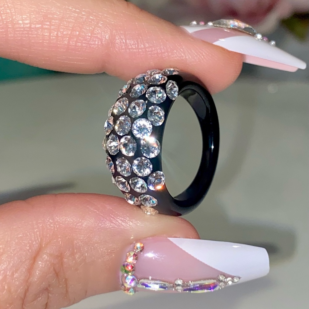 Black Acrylic Crystal Statement Ring With Swarovski Gemstones, Chunky Band Ring